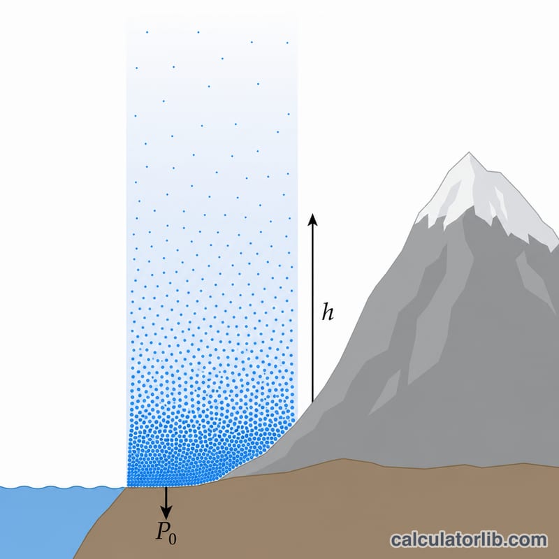 Diagram showing air molecules becoming sparser with increasing altitude h above sea level pressure P_0