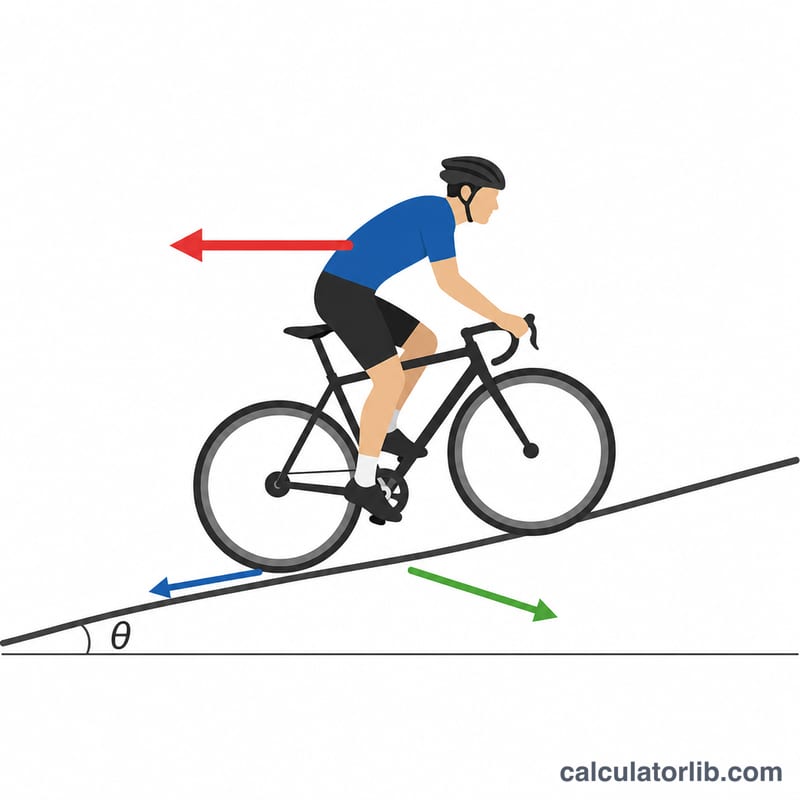 Cyclist with three force arrows: rolling resistance at the tire, aerodynamic drag pushing back, and gravity component along an inclined road