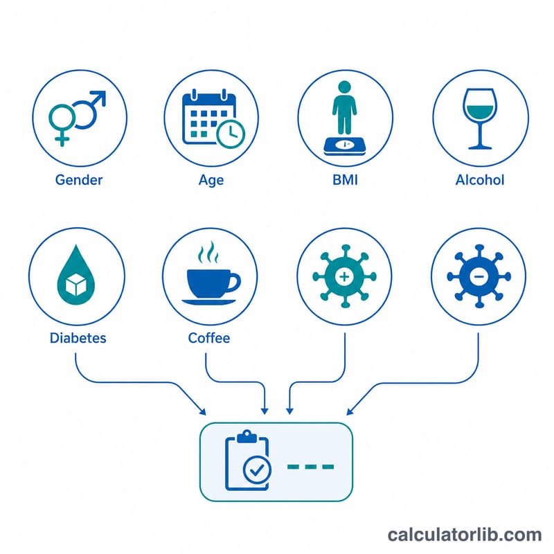 Flat diagram showing eight risk factor icons feeding into a single summed score box