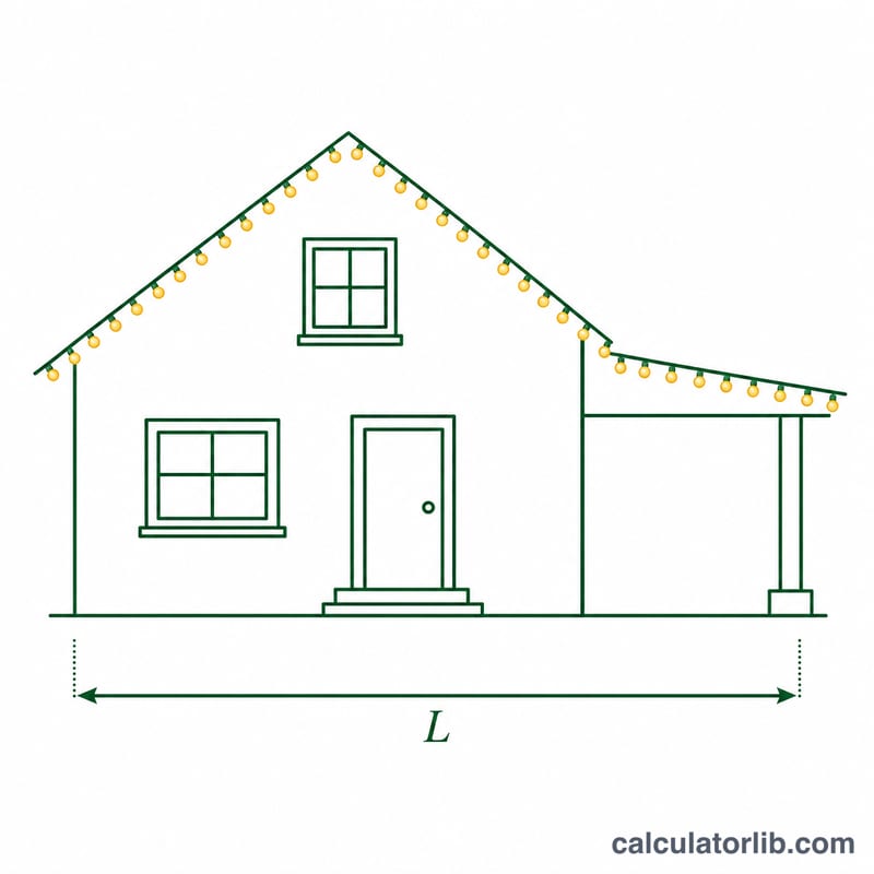 House outline with rooflines wrapped in a string of lights, showing total length to cover