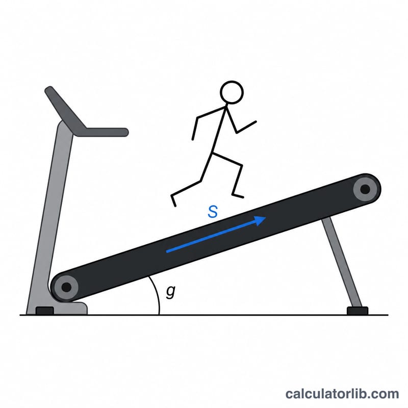 Diagram showing a runner on an inclined treadmill belt with speed and grade labels