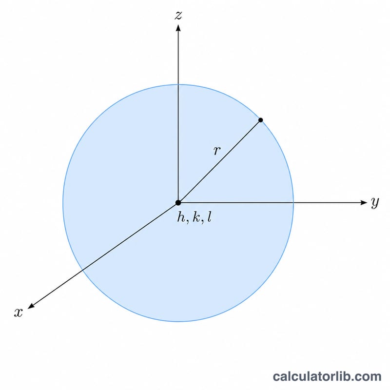 Sphere centered at point (h, k, l) in 3D axes with radius r drawn to the surface