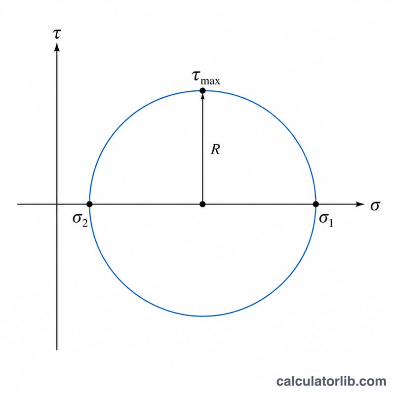 Mohr's circle diagram on normal stress and shear stress axes showing center, radius, principal stresses, and maximum shear stress