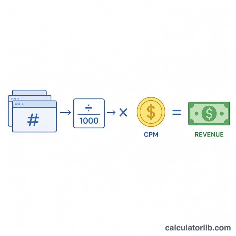 Diagram showing pageviews divided by 1000 multiplied by CPM equals revenue