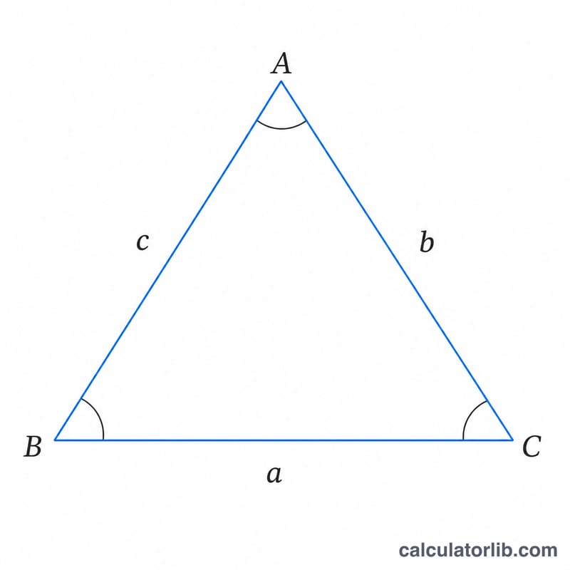 Triangle with vertices A, B, C and opposite sides a, b, c labeled