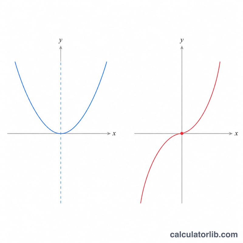 Two side-by-side graphs showing even function symmetric about the y-axis and odd function symmetric about the origin