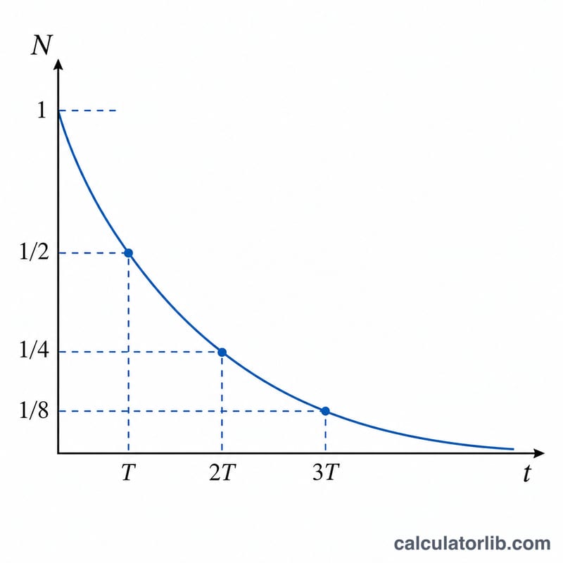Exponential decay curve showing quantity halving at each successive half-life interval