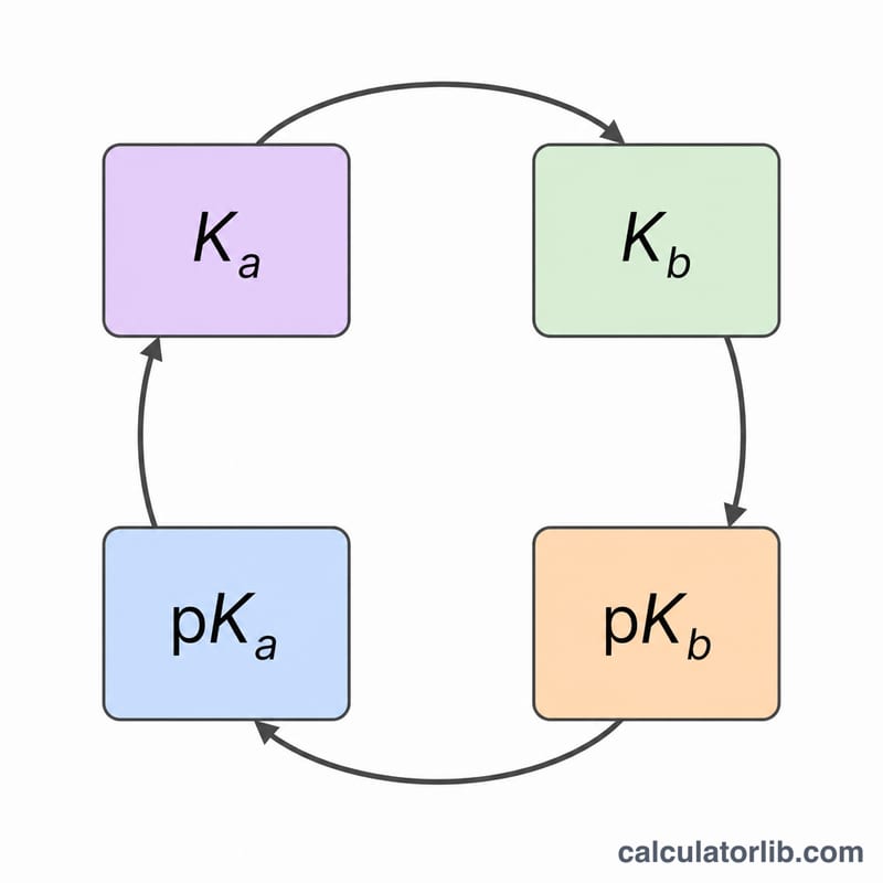 Conversion cycle diagram linking Ka, Kb, pKa and pKb
