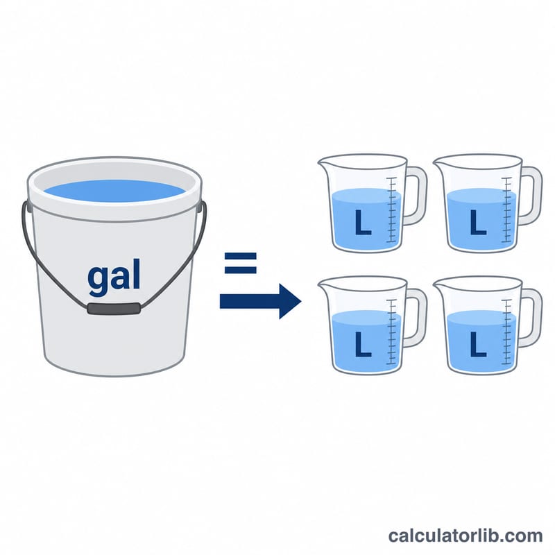 Diagram showing 1 gallon volume equaling 3.785 liters