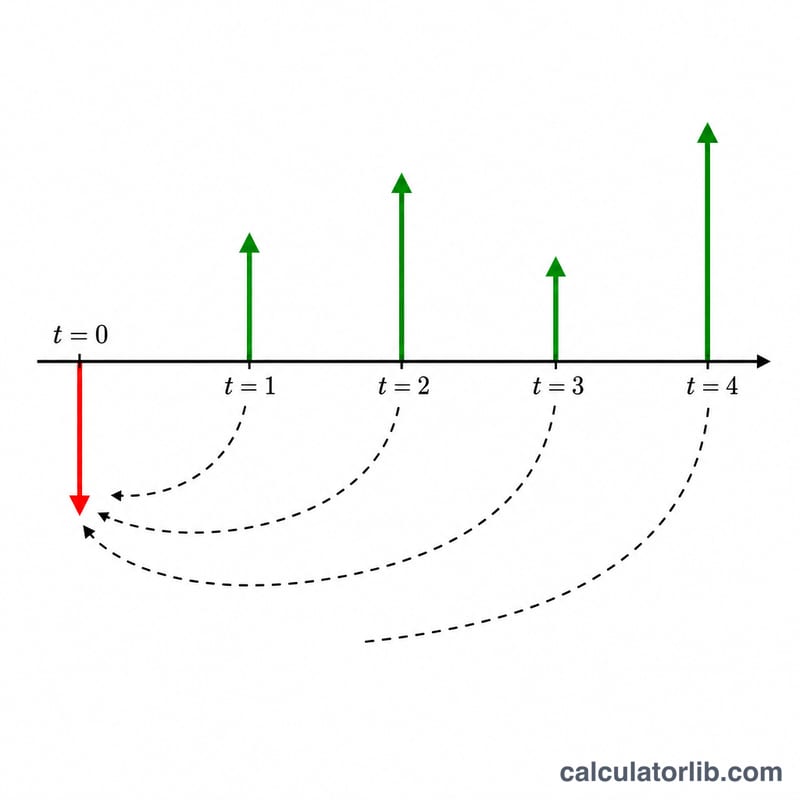 Cash flow timeline with arrows discounted back to present value