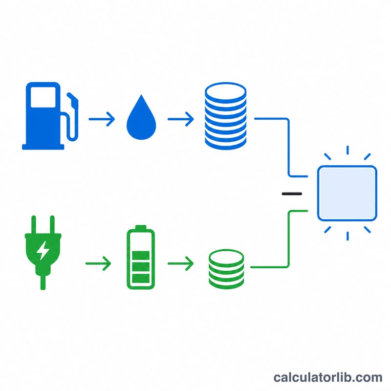 Diagram comparing gas car fuel cost path versus EV electricity cost path leading to a savings result