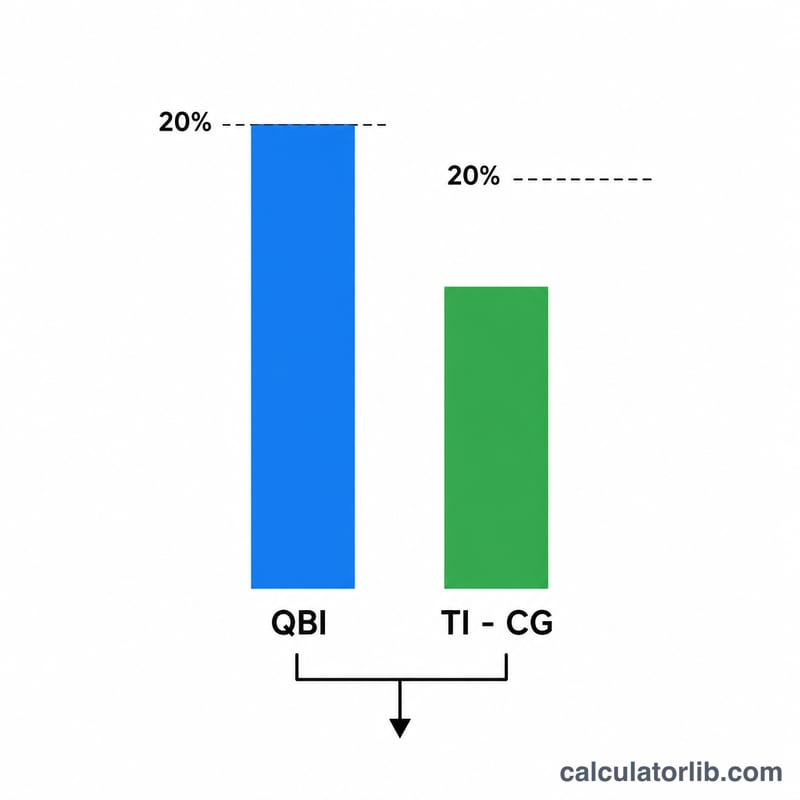 Diagram showing the QBI deduction as the smaller of two bars: 20% of QBI versus 20% of taxable income minus net capital gain