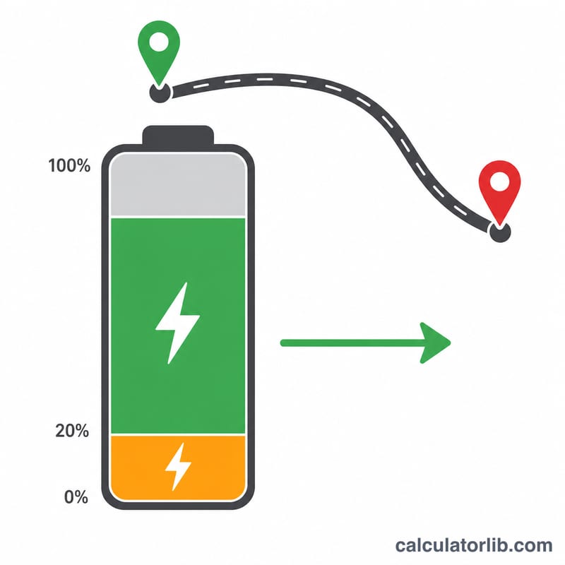 Battery charge bar divided into trip energy, safety reserve and unused portions with a route to a destination
