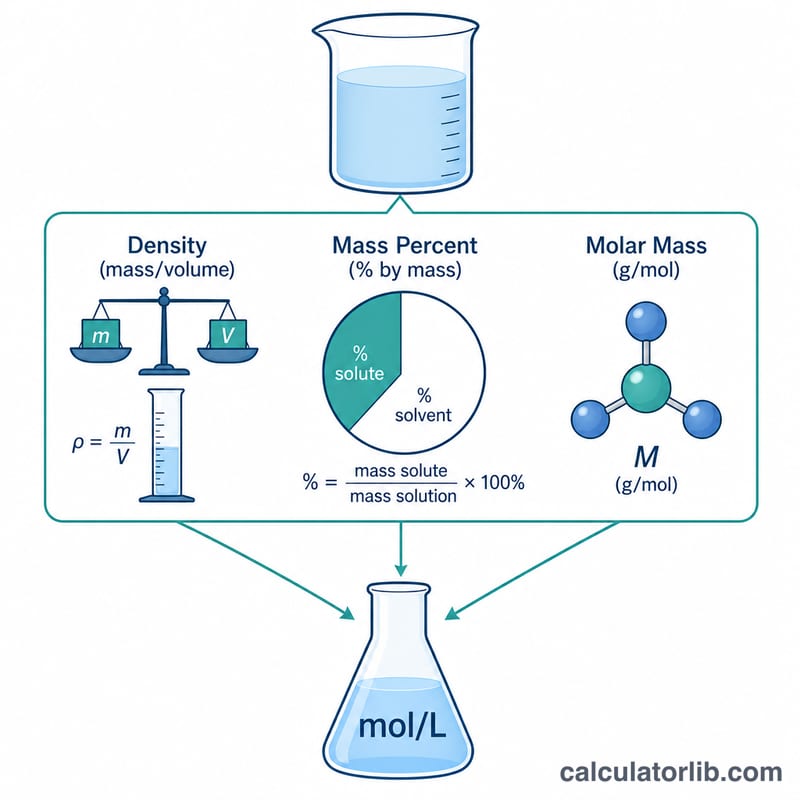 Diagram linking density, mass percent, and molar mass to molarity in mol per liter