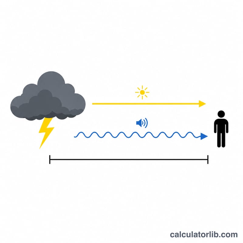 Diagram showing lightning flash seen first then thunder heard later across a distance to a person