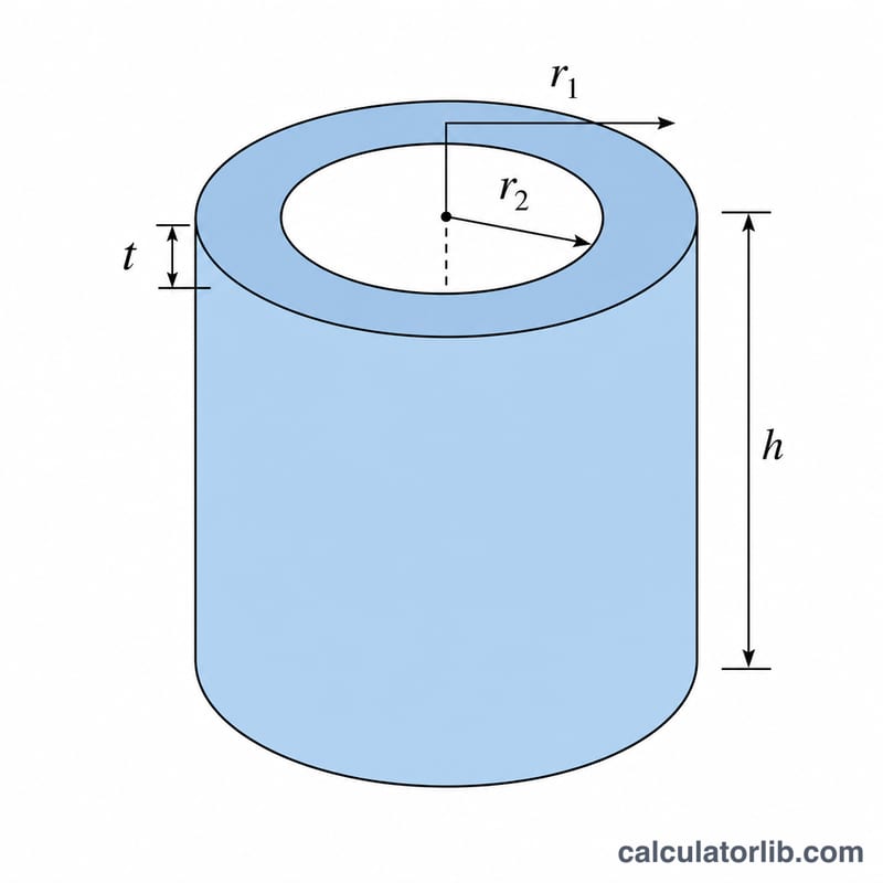 Hollow cylinder tube showing outer radius, inner radius, wall thickness and height