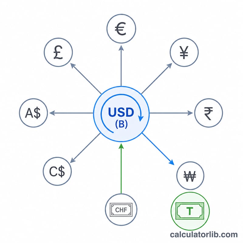 基準通貨をUSDを介して目標通貨に換算する図