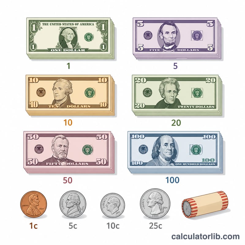 Flat icons of US bills and coins arranged in labeled stacks by denomination
