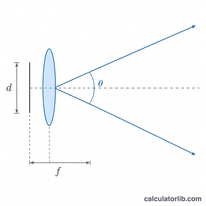 Schéma montrant la distance focale f, la dimension du capteur d et l'angle de champ de vision theta dans un objectif