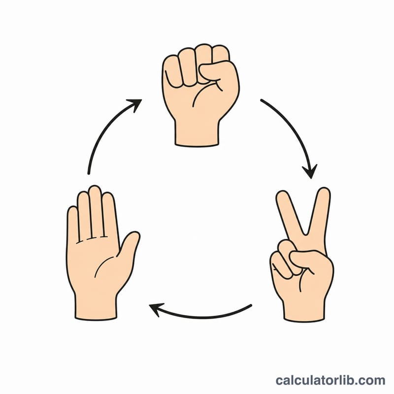 Three hands showing rock, paper, and scissors with arrows indicating what beats what