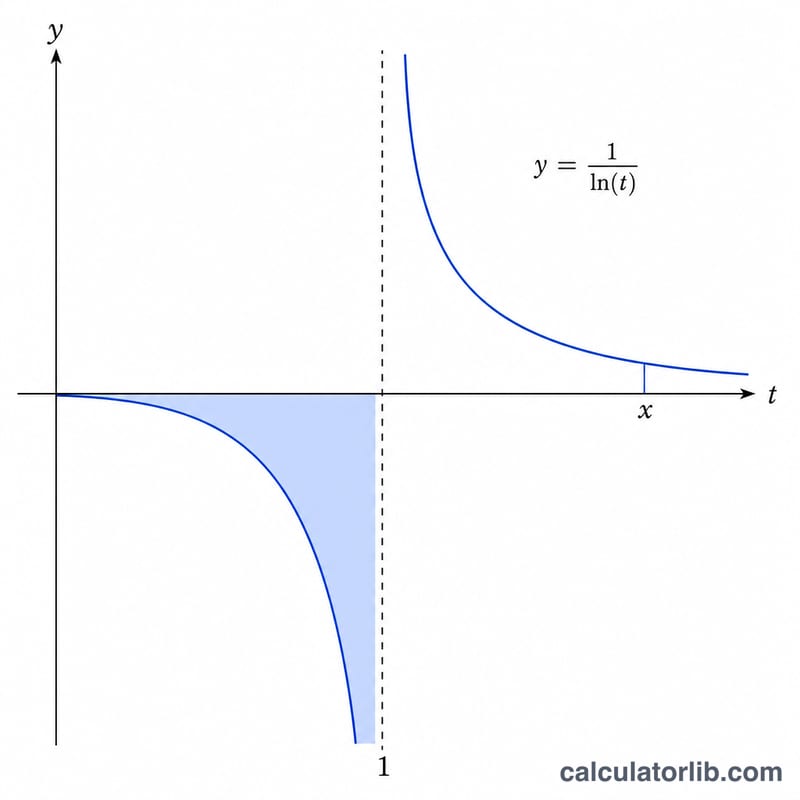 Graph of 1 over ln t with shaded area representing the logarithmic integral up to x