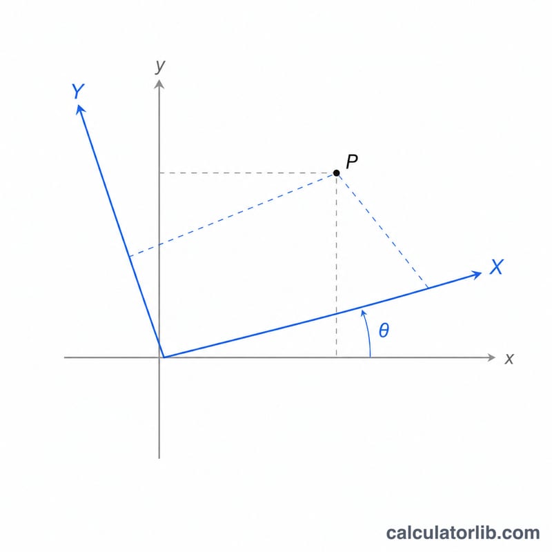 Diagram showing original x-y axes and rotated X-Y axes by angle theta with a point's two sets of coordinates