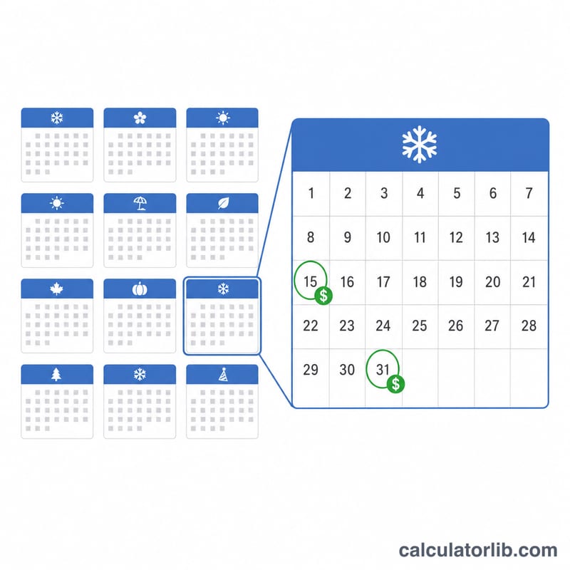 Calendar showing two paydays per month across a year