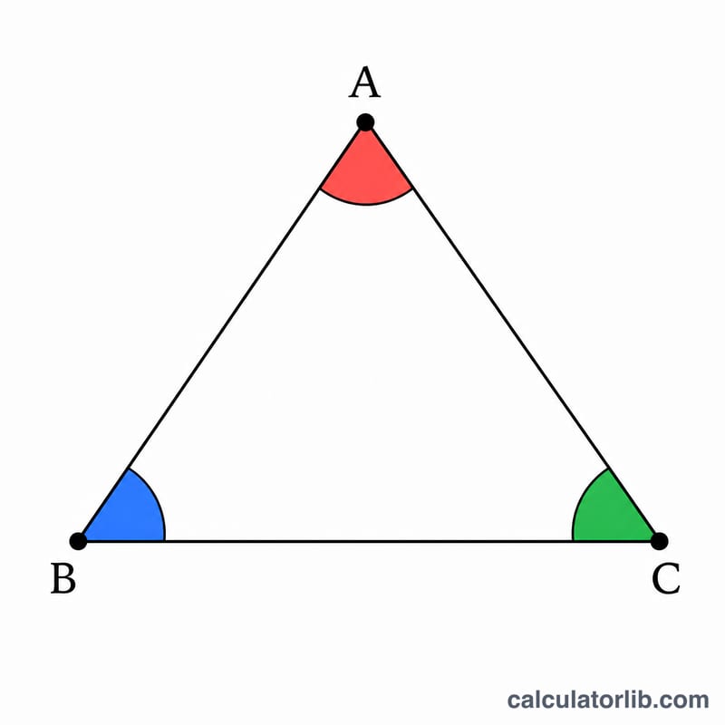 Triangle with interior angles A, B and C marked by arcs at each vertex