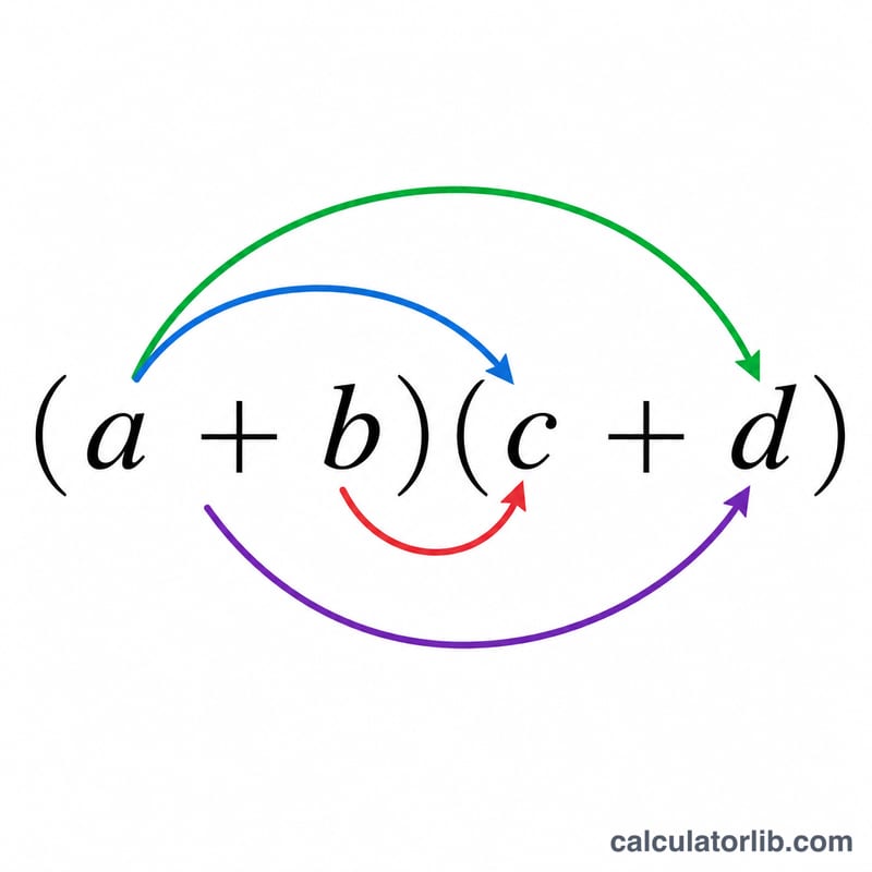 Diagrama que muestra cuatro flechas curvas que conectan los términos de dos binomios, etiquetadas Primero, Externo, Interno y Último