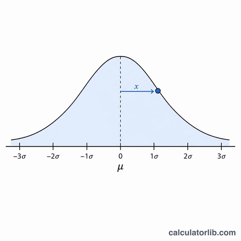 Bell-shaped normal distribution curve with a marked value above the mean and its z-score position