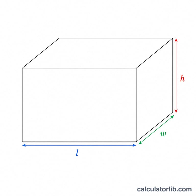 Rectangular box with length l, width w, and height h labeled on its edges