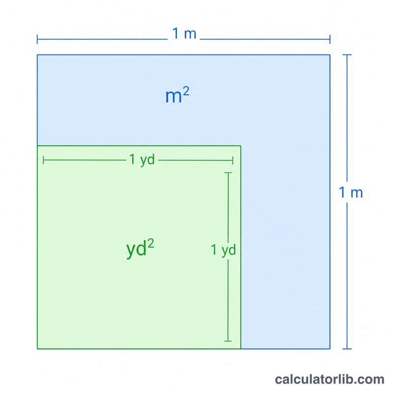 Bir metrekarelik büyük bir kare ile yanındaki bir yarda karelik daha küçük kare, göreceli alan boyutlarını gösteriyor
