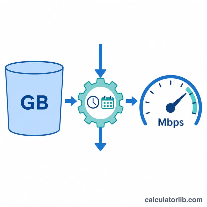 Diagram converting a monthly data cap in GB into a continuous speed in Mbps over time