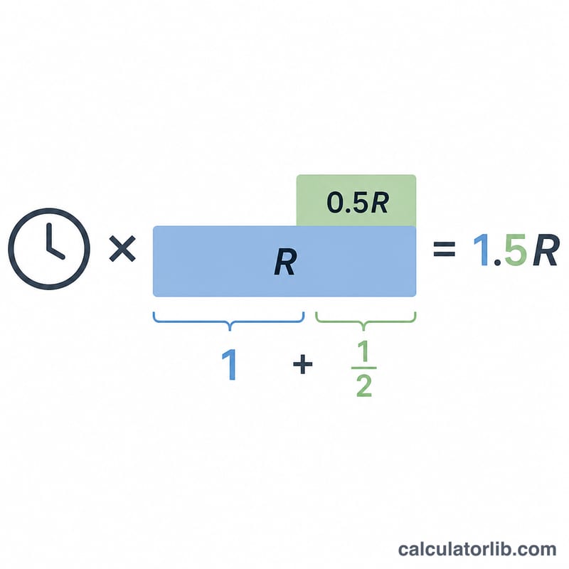 Diagram showing hourly rate multiplied by 1.5 to form the time-and-a-half overtime rate