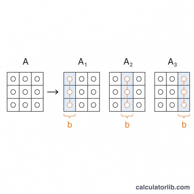 Diagram showing Cramer's rule with matrix A and three modified matrices A1, A2, A3 where each column is replaced by the constants vector b