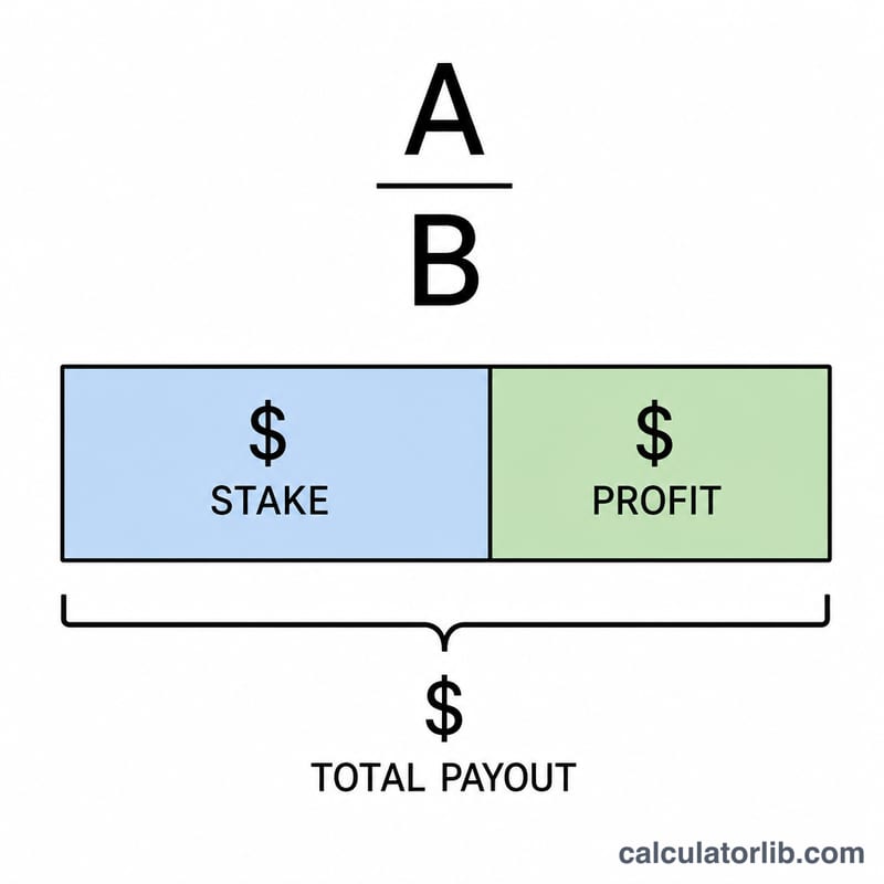 Diagram showing stake plus profit equals total payout with A/B fraction