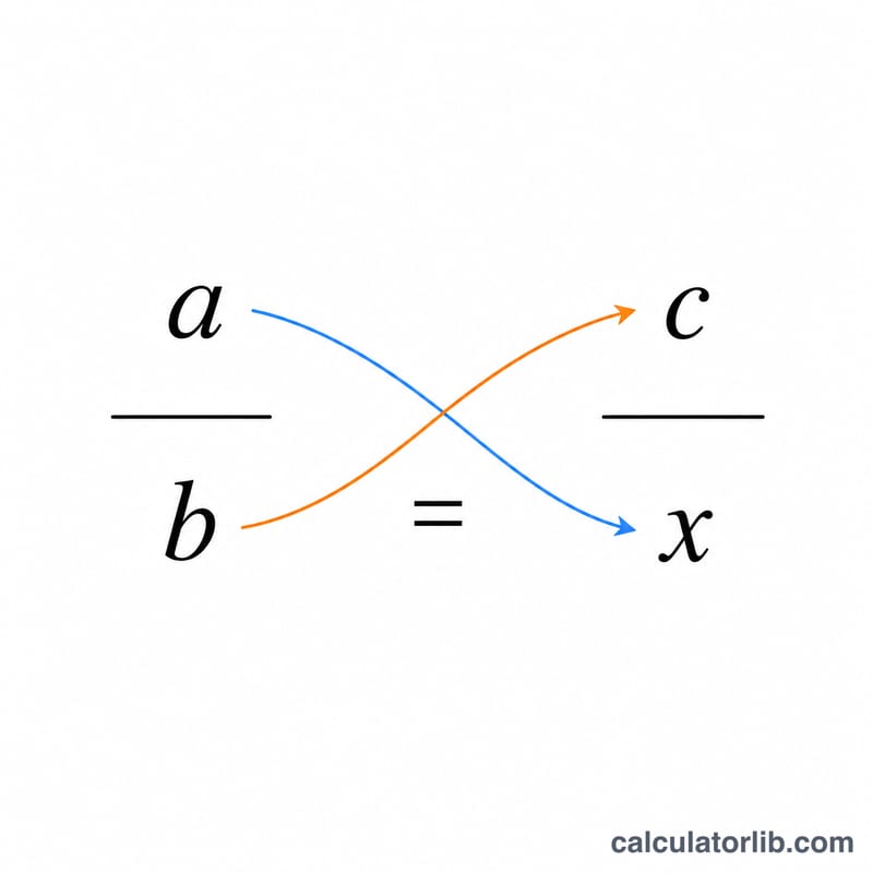 等しい2つの分数 a/b と c/x で、分子と分母の間を矢印が交差している図