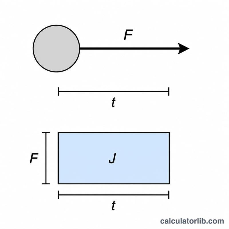 Diagram showing a force arrow pushing an object over a time interval, with impulse equal to force times time