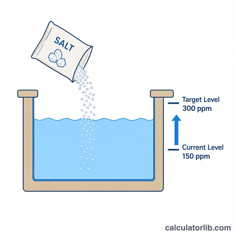 Diagram showing salt added to a pool to raise salinity from current to target ppm