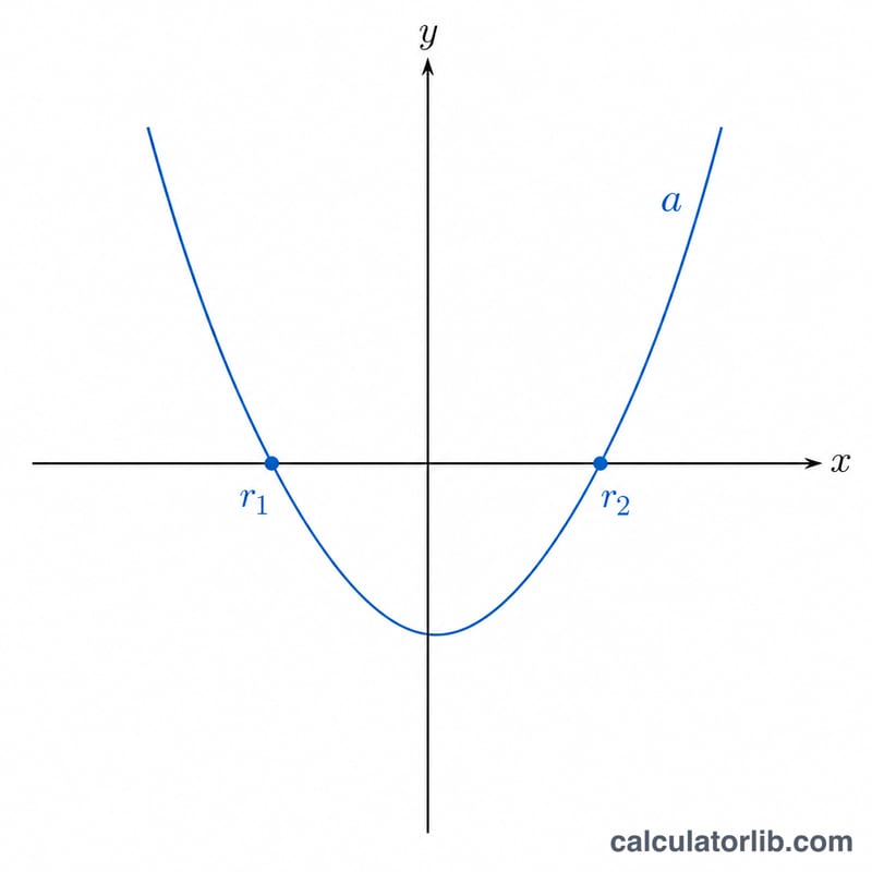 Parabola crossing the x-axis at two roots r1 and r2, with leading coefficient a labeled