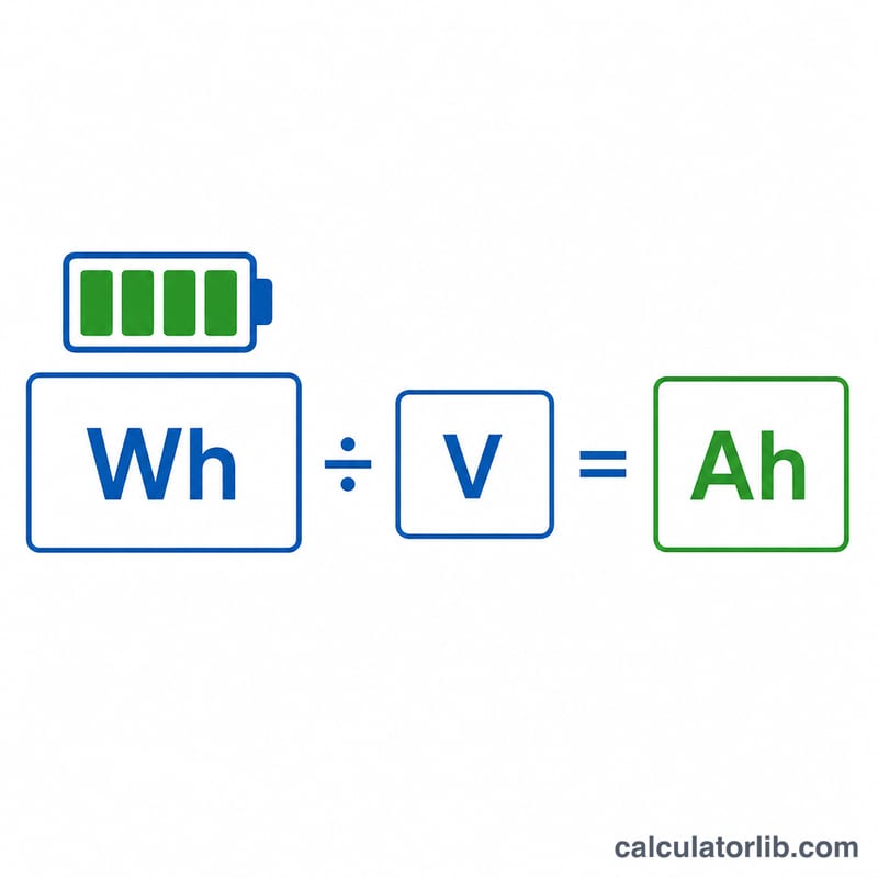 Diagram showing watt-hours divided by volts equals amp-hours