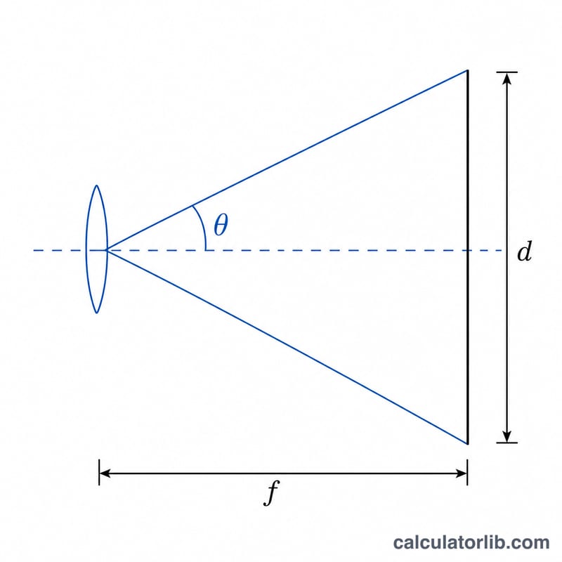 Diagram showing a camera lens with focal length f and sensor dimension d forming the angle of view