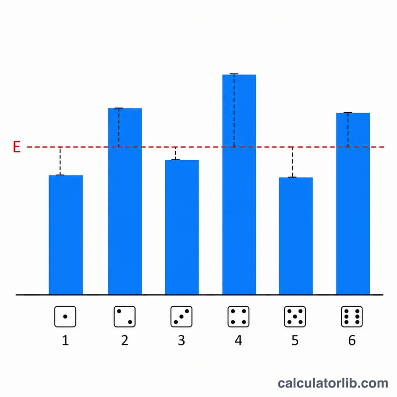Bar chart comparing observed counts per die face against the expected uniform line