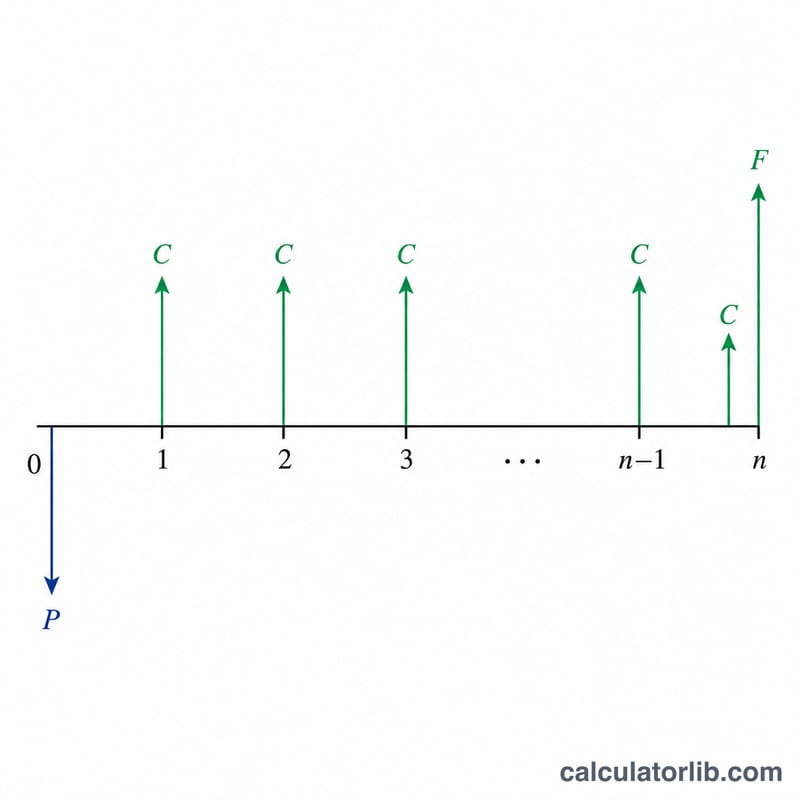 Bond cash flow timeline showing price paid upfront, periodic coupons, and face value plus final coupon at maturity