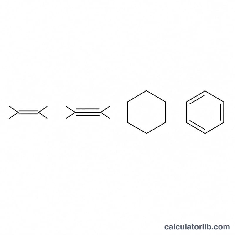 Structures moléculaires montrant comment les cycles et les liaisons multiples comptent chacun comme un degré d'insaturation