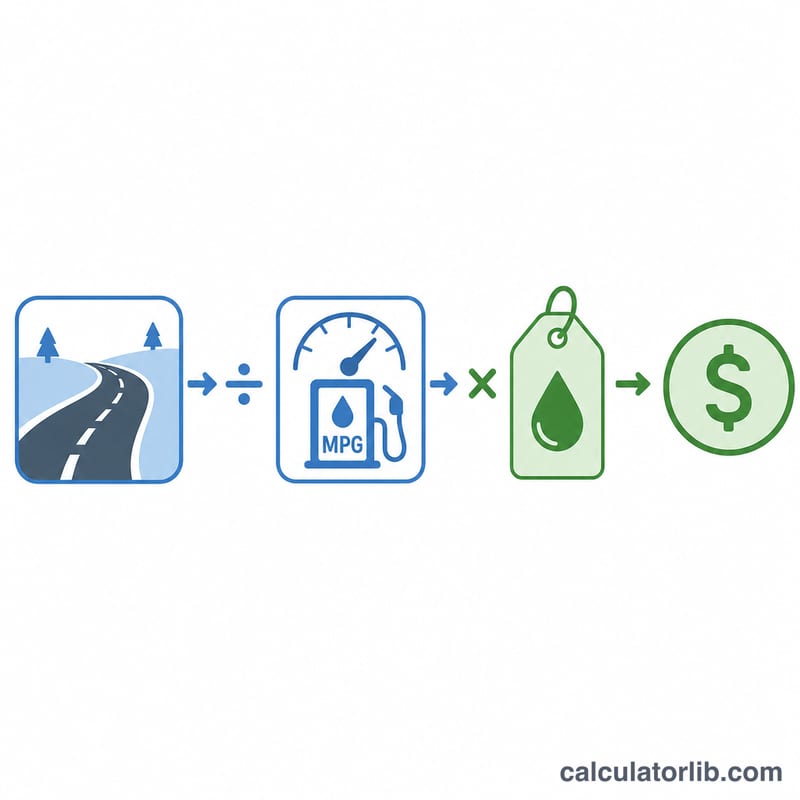 Diagram of gas cost equals distance divided by MPG times price per gallon