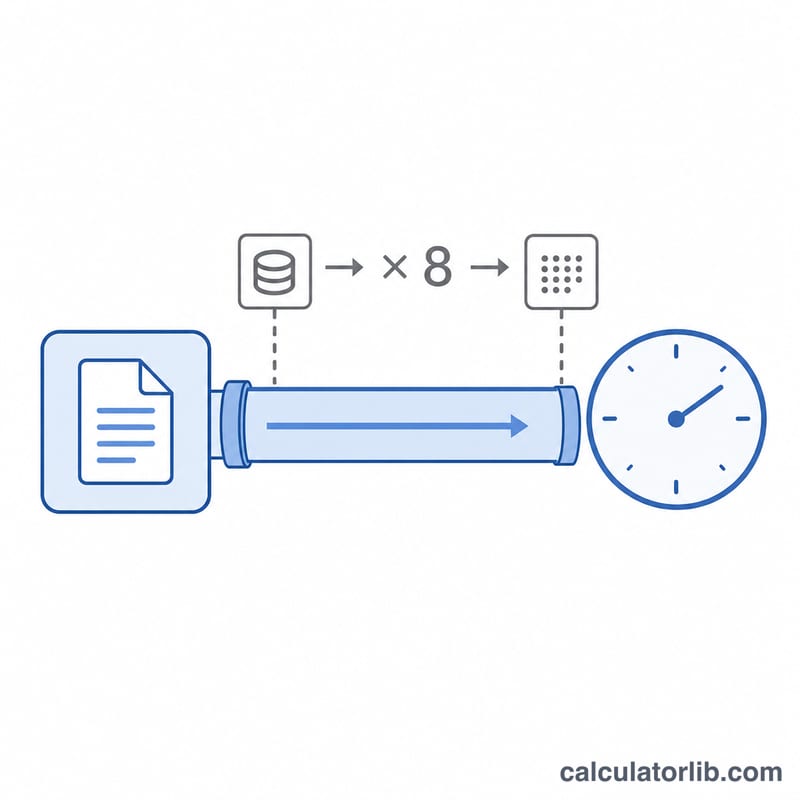 Diagram showing file size divided by connection speed equals transfer time, with bits-to-bytes conversion