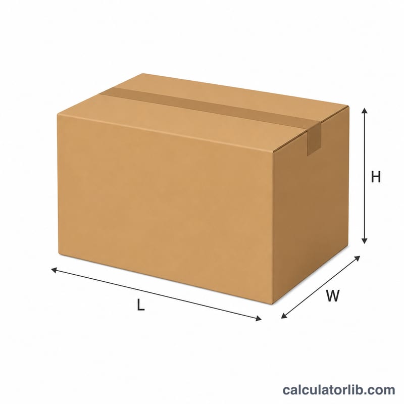 A rectangular shipping box with length, width and height edges labeled L, W and H