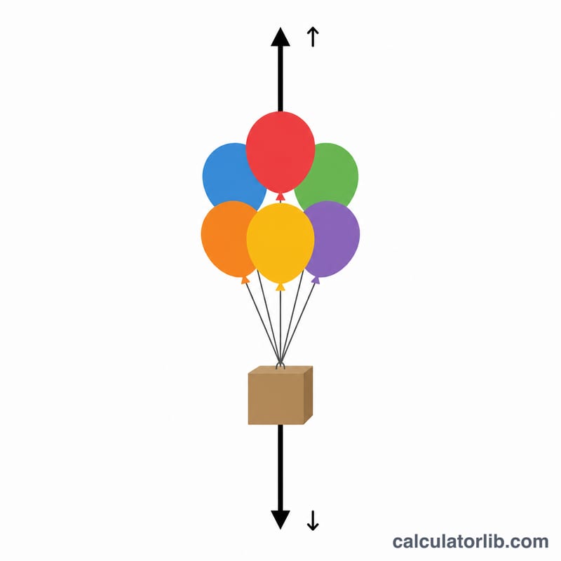 Cluster of balloons lifting a weight against gravity with upward and downward arrows