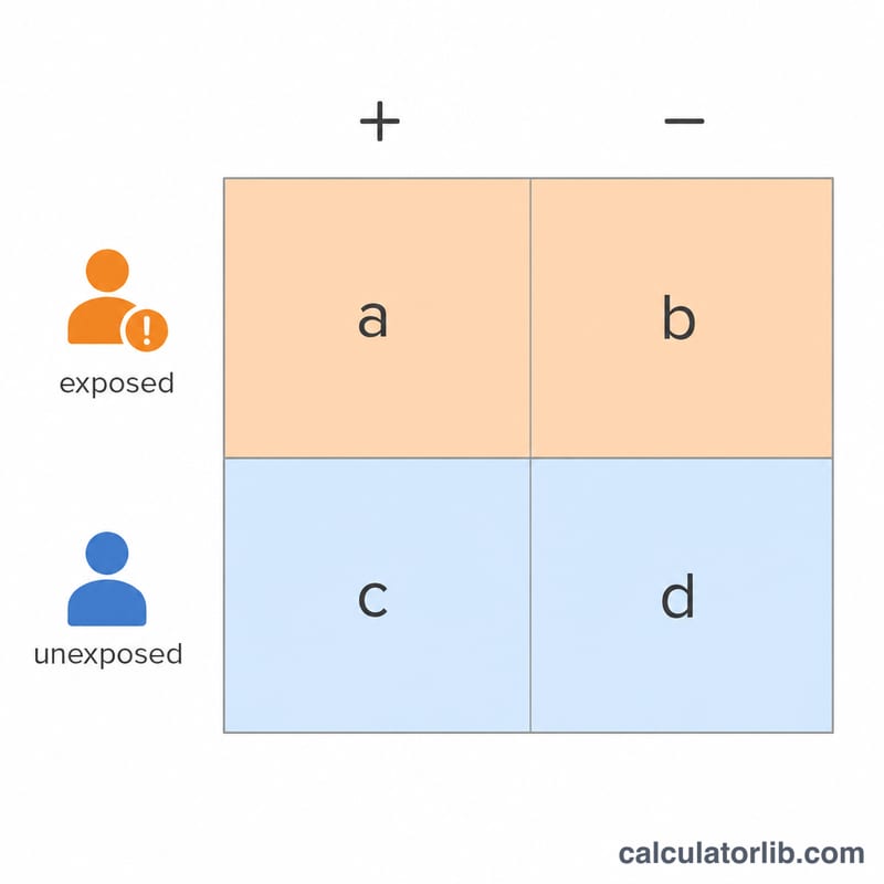 2x2 contingency table showing exposed and unexposed groups split by outcome present or absent into cells a, b, c, d